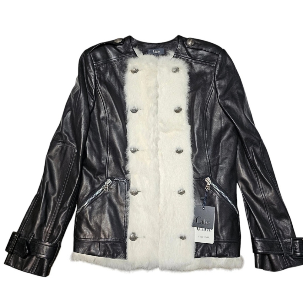 Cabe NY Black Leather Napoleon Jacket Real Rabbit Fur Trim Military Hussar Sz 4 - Picture 2 of 16